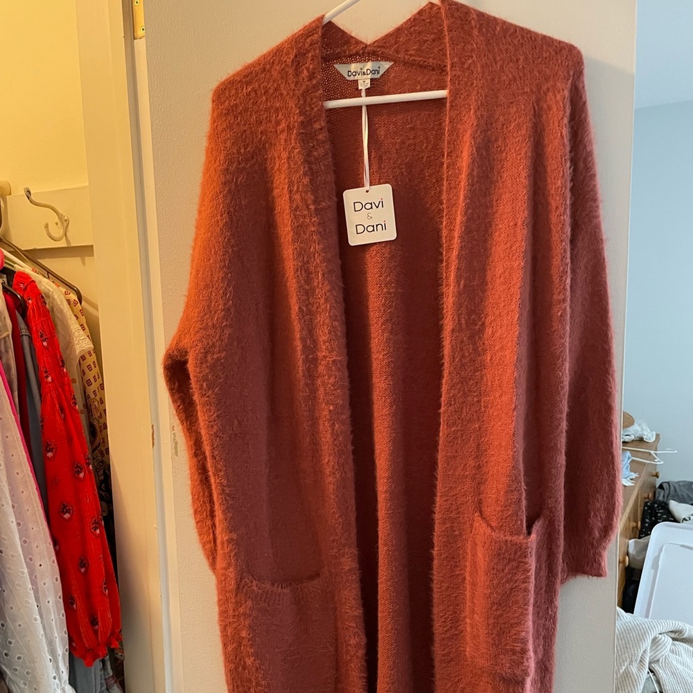 Fuzzy dusty rose long cardigan